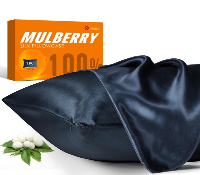 J JIMOO 100% Mulberry Silk Pillowcase for Hair and Skin, 22 Momme Pure Natural Silk Pillow Case Both Sided with Zipper, Pillow Cover for Women Mom Men (Navy Blue, Queen 20''Ã—30'', 1 Pack) - Image 1